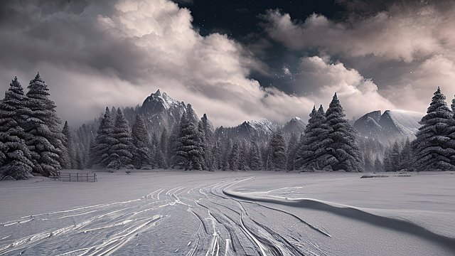 award winning photo of a snowy landscape  high contrast  intricate realistic details  amazing clouds