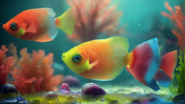 breathtaking colorful photo of cute fishes in algae, intricate realistic details