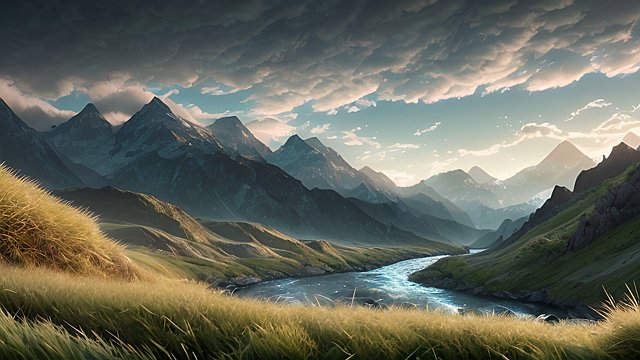 award winning mesmerizing ultrarealistic photo of mountains and rivers, intricate realistic details, in a grass field, intricate realistic details, amazing clouds