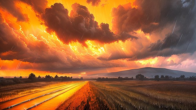 award winning orange colors of a the rain in the countryside  intricate realistic details  breathtaking clouds