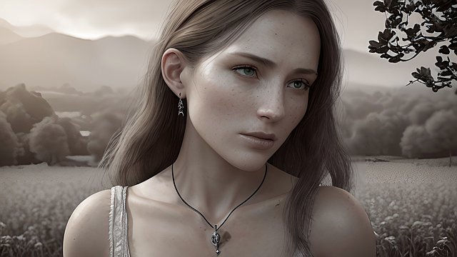 breathtaking 4k uhd portrait of a beautiful woman in the countryside  intricate realistic details  in the style of moody black and white