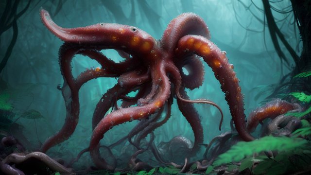 breathtaking photo of a mesmerizing creepy squid in a dark jungle  intricate realistic details