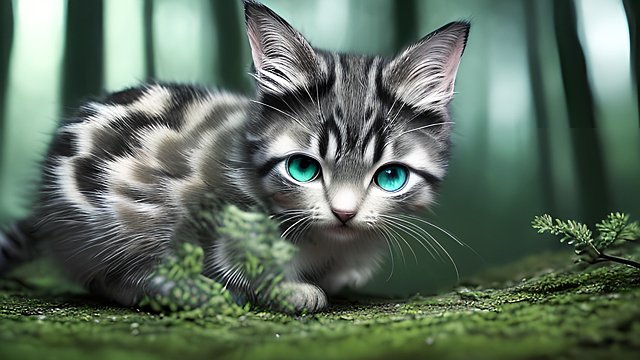 award winning close photo of a mesmerizing small cat in a forest  intricate realistic details  amazing clouds