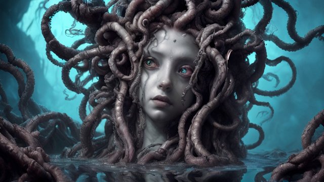 breathtaking photo of a creepy medusa in the deep sea  realistic  award winning shot  reflections  intricate details