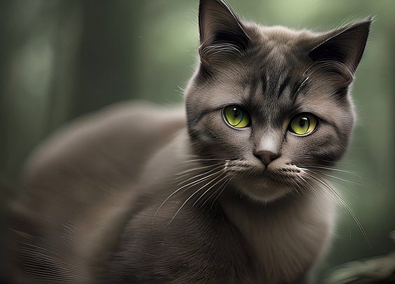 award winning breathtaking photo of an breathtaking cat in a forest  intricate realistic details  dark background  high quality visual effects