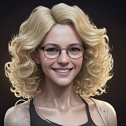 smiling blonde woman with glasses  curly hairs  award winning  dark background