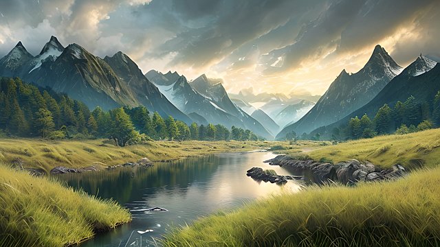 award winning mesmerizing ultrarealistic photo of mountains and rivers, intricate realistic details, in a grass field, intricate realistic details, amazing clouds