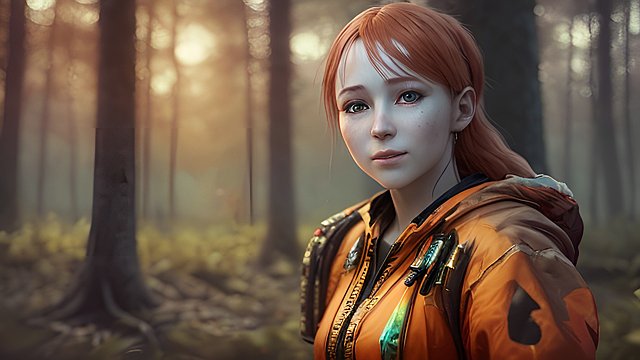 the most breathtaking award winning amazing 4k uhd detailed fascinating anime portrait of happy russian woman in a forest during sunset  intricate realistic details  dark orange shades