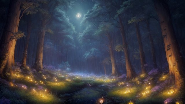 breathtaking painting of a forest with fireflies under the moonlit sky  thoughts wander like fireflies