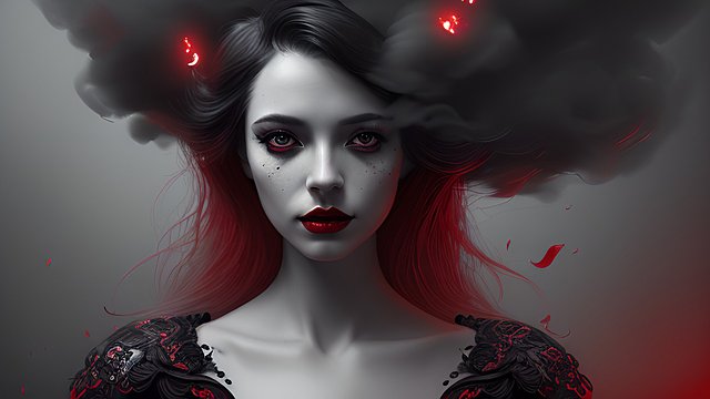portrait of a woman in a dark cloud  black ink  red lips  intricate details