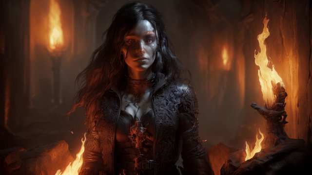 breathtaking painting portrait of a dark fire sorcerer in a dungeon, intricate realistic details