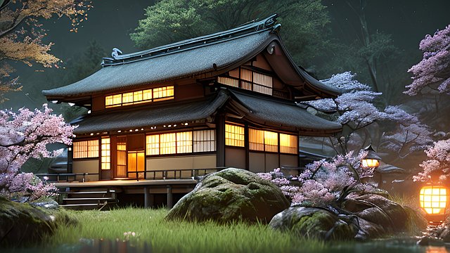 the most breathtaking award winning amazing 4k uhd detailed fascinating photo of a small japanese cottage in a forest during night  intricate realistic details  dark night shades  cherry flowers