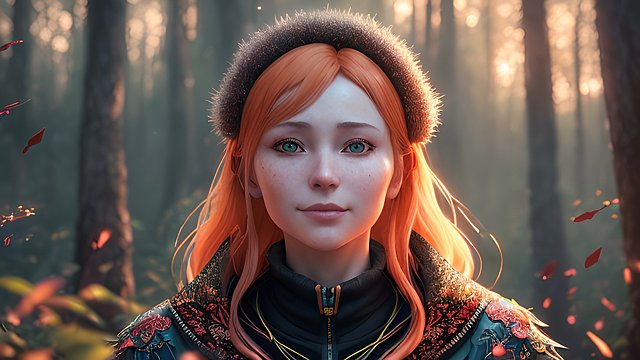 the most breathtaking award winning amazing 4k uhd detailed fascinating anime portrait of happy russian woman in a forest during sunset  intricate realistic details  dark orange shades