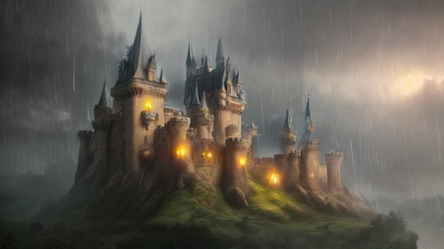 breathtaking painting of a castle  sad rain  intricate realistic details