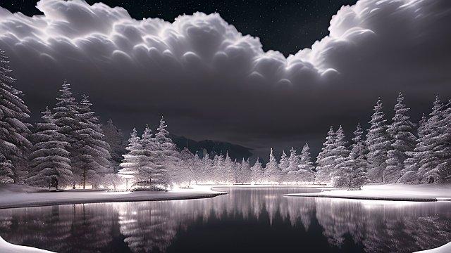 award winning night shot of a snowy lake  high contrast  intricate realistic details  breathtaking clouds