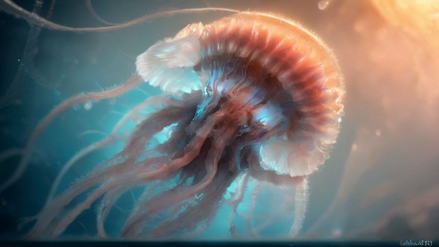 breathtaking photo of a cute small jellyfish in the deep sea, realistic, award winning shot, reflections, intricate details