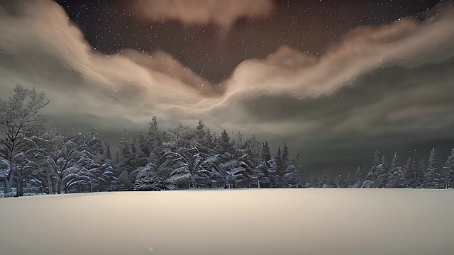 award winning night shot of a snowy landscape  high contrast  intricate realistic details  breathtaking clouds