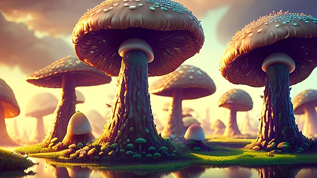 In the heart of the new world, towering mushrooms stretched like colossal umbrellas, casting whimsical shadows over the landscape