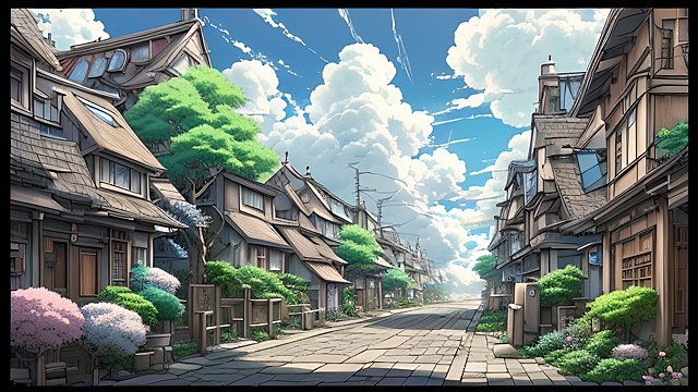 breathtaking anime painting of a little street in an anime or manga style  manga  in the open with astonishing clouds