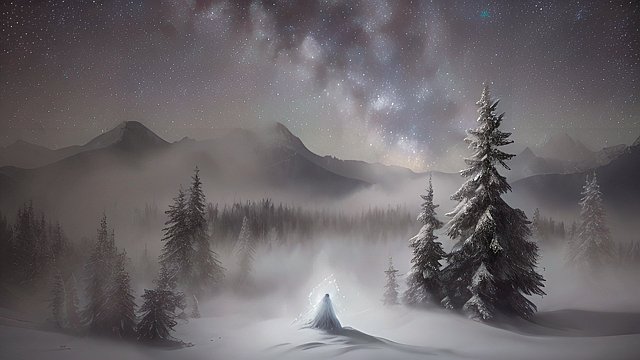4k breathtaking photo of a ghost in snowy forest mountains  night starry sky  milky way  intricate realistic details