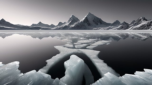 breathtaking 4k uhd photo of an ice lake, intricate realistic details, in the style of moody black and white