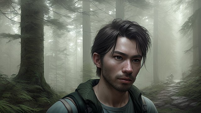 breathtaking realistic portrait of a male hiker in a forest