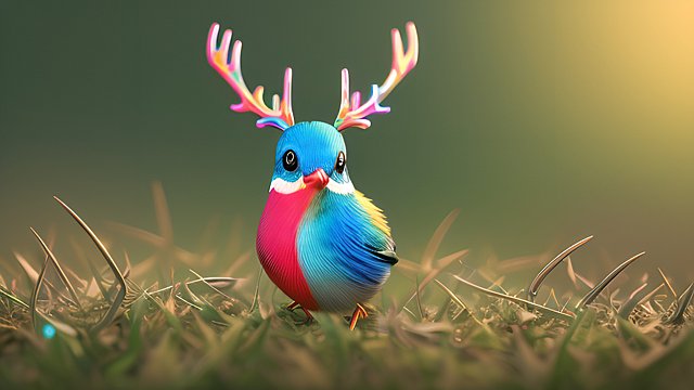 award winning photo of a colorful mesmerizing small bird with antlers in grass  intricate realistic details