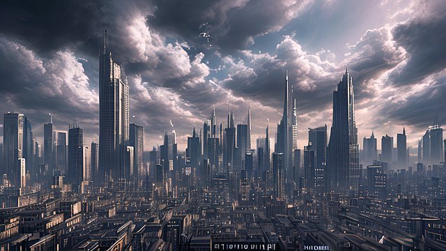 award winning photo of a city, intricate realistic details, amazing clouds