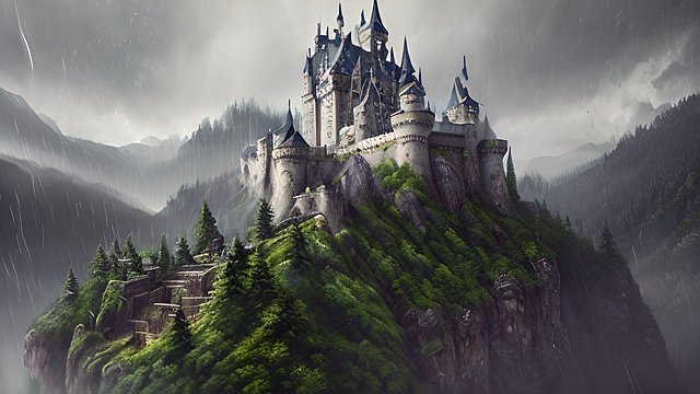 4k breathtaking painting of a castle with mountain forest  sad rain  intricate realistic details