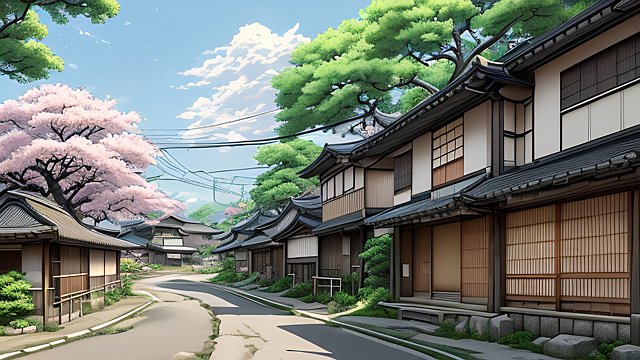 japanese countryside street during summer  anime style  manga style  soft