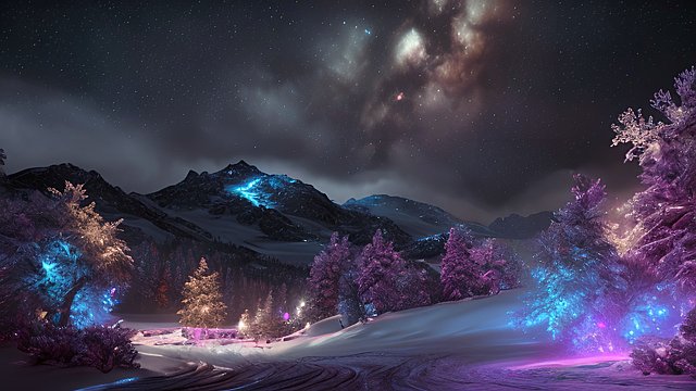 4k breathtaking night snowy landscape with a nebulae  colorful  intricate realistic details