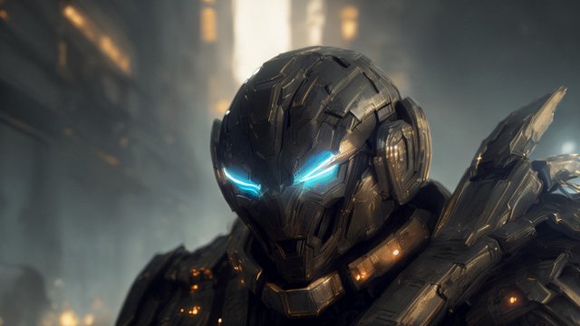 portrait humanoid armored robot, dark background, intricate details