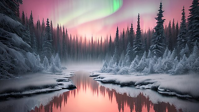 photo of beautiful northern lights  award winning shot  realistic  snowy forest and river and fog  water reflections