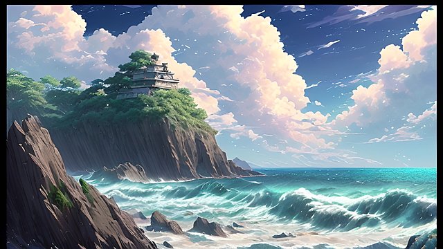 breathtaking anime painting of a shore in an anime or manga style  manga  in the open with astonishing clouds