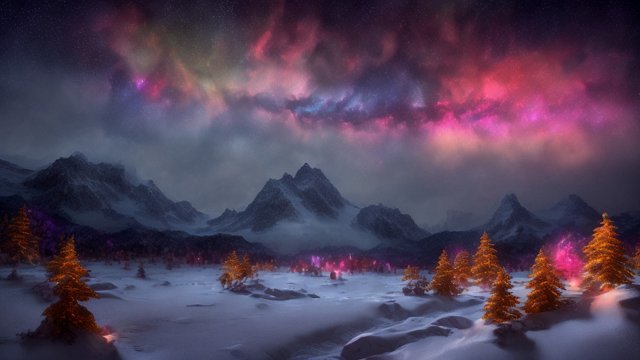 4k breathtaking night snowy landscape with a nebulae  colorful  intricate realistic details