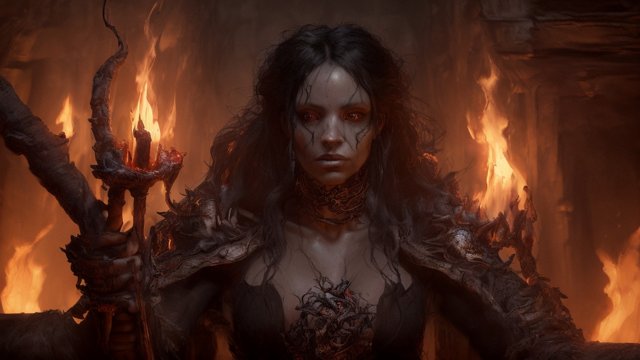 breathtaking painting portrait of a dark fire sorcerer in a dungeon  intricate realistic details
