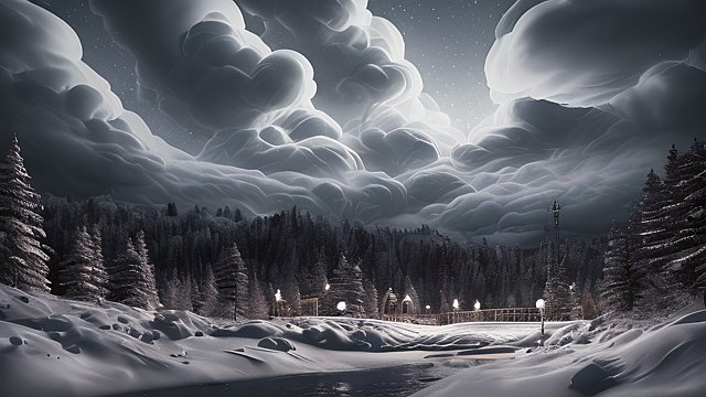 award winning night shot of a snowy landscape  high contrast  intricate realistic details  breathtaking clouds