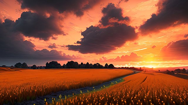 award winning orange sunset colors on a countryside  intricate realistic details  breathtaking clouds