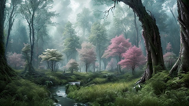 award winning photo of a mesmerizing forest  intricate realistic details  amazing clouds