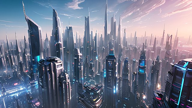 futuristic high-detailed cityscape with clear skies afternoon