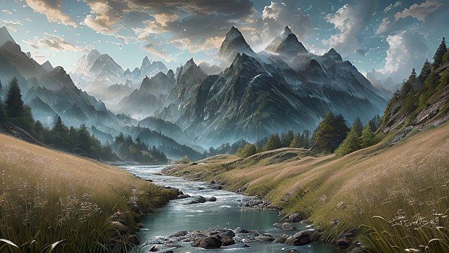 award winning awesome quality mesmerizing photo of mountains and rivers, intricate realistic details, in a grass field, intricate realistic details, amazing clouds