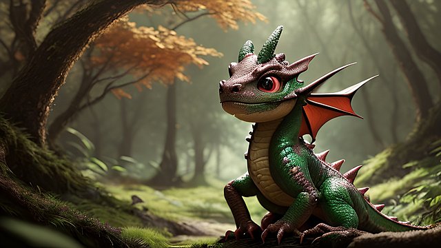 portrait of a cute little dragon in a forest