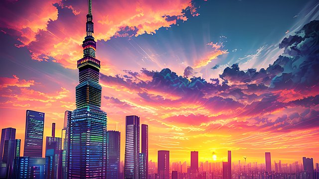 award winning colorful sunset photo over a tokyo, high contrast, intricate realistic details, breathtaking clouds