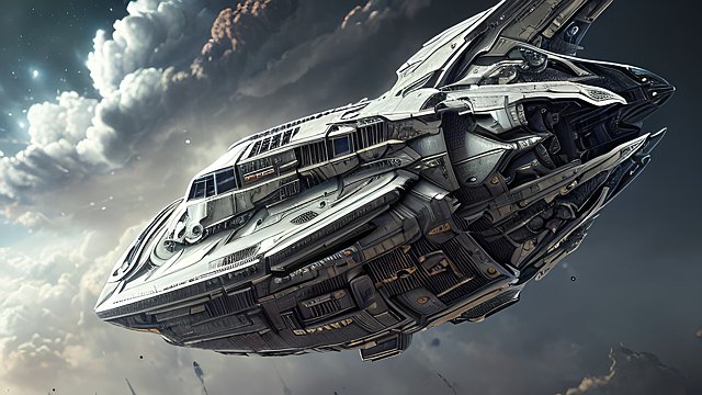 award winning photo of a spaceship, intricate realistic details, amazing clouds