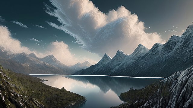 award winning photo of a mesmerizing moutain and lake  intricate realistic details  amazing clouds
