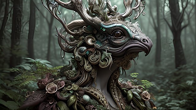 breathtaking portrait of a whimsical creature in a forest  intricate realistic details  dark shades