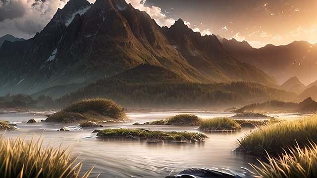 award winning photo of mountains and rivers, intricate realistic details, in a grass field, amazing clouds
