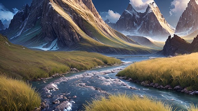 award winning mesmerizing ultrarealistic photo of mountains and rivers, intricate realistic details, in a grass field, intricate realistic details, amazing clouds