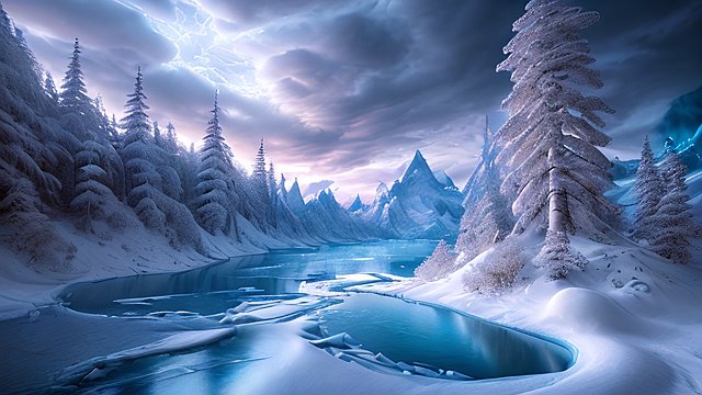 award winning photo of a mesmerizing snow land icy lake  intricate realistic details  amazing clouds