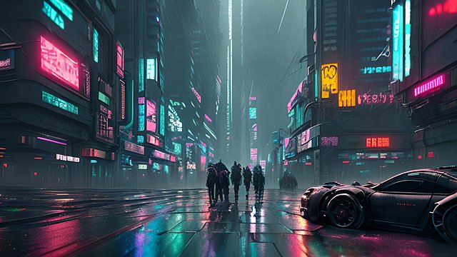 cyberpunk city under rain, intricate realistic details, breathtaking cinematic atmosphere, dark contrast